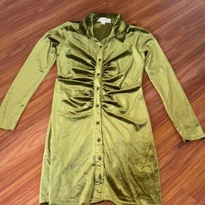 Olive Velvet Button-Up Dress